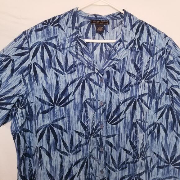 Laura Scott Woman Casual Button Front Blue Design Short Sleeve Camp Shirt Sz 20W - Picture 2 of 7